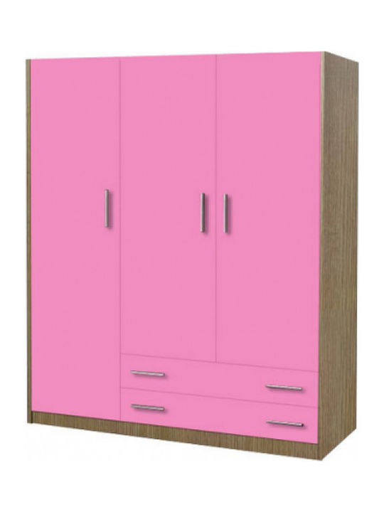 3 Dreitüriger Kinderkleiderschrank mit 2 Schubladen Eiche-Rosa 110x50x180cm