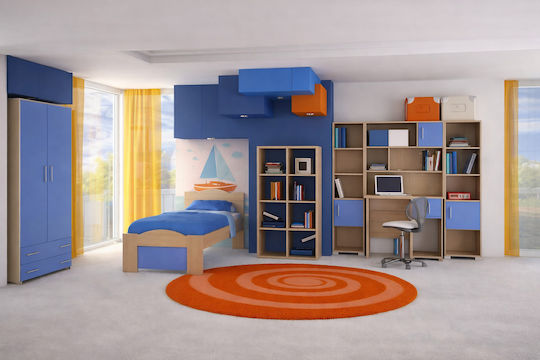 Kids Bedroom Set Wave Blue Oak 7 Pieces with Bed for Mattress 90x200cm