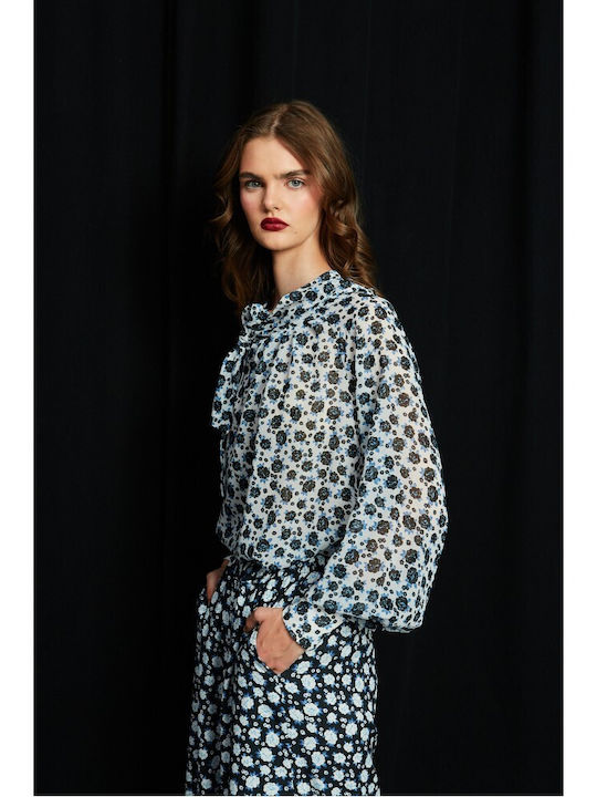 Women's Blouse with Neck Tie Floral White