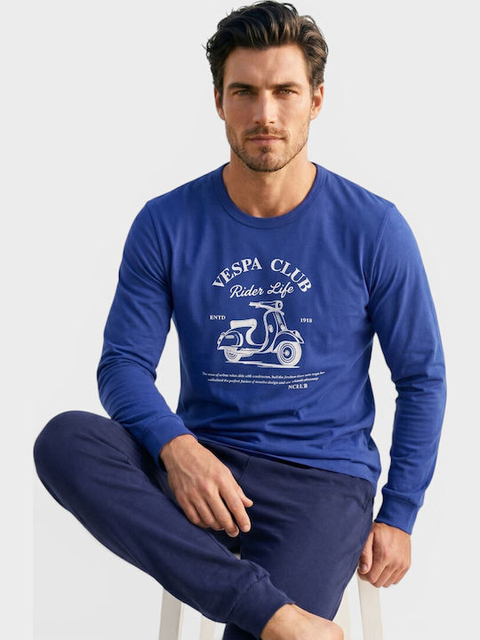 Nina Club Vespa Rider Мъжка Пижама 100% Памучна Синя Ncm27700-61-синьо