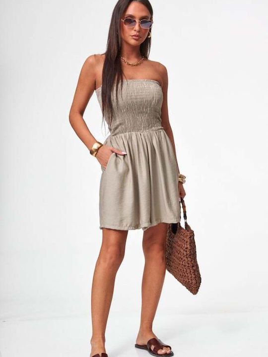Damen Trägerloses Jumpsuit Kurze Hosen Beige Dunkel