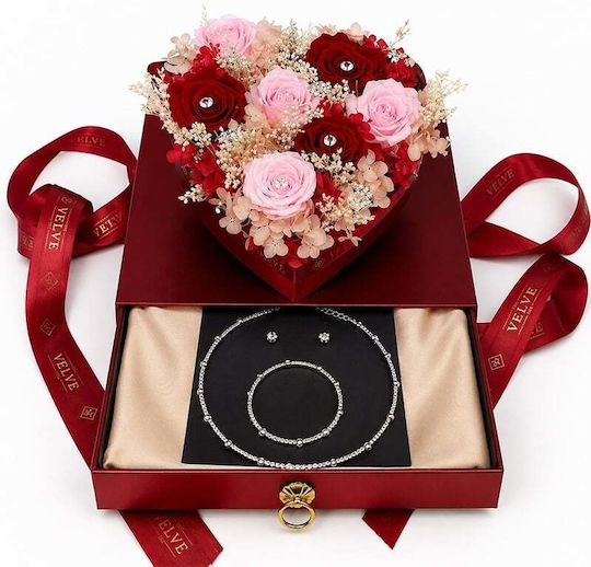 Premium Luxury Set Heart Arrangement 7 Cryogenated Roses Fine Scarf Tennis-style Jewelry Set In A Red Box Plexiglass