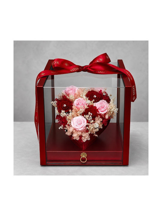 Aranjament Floral De Lux În Formă De Inimă 7 Trandafiri Criogenați Cristale În O Cutie Roșie Sertar Plexiglas