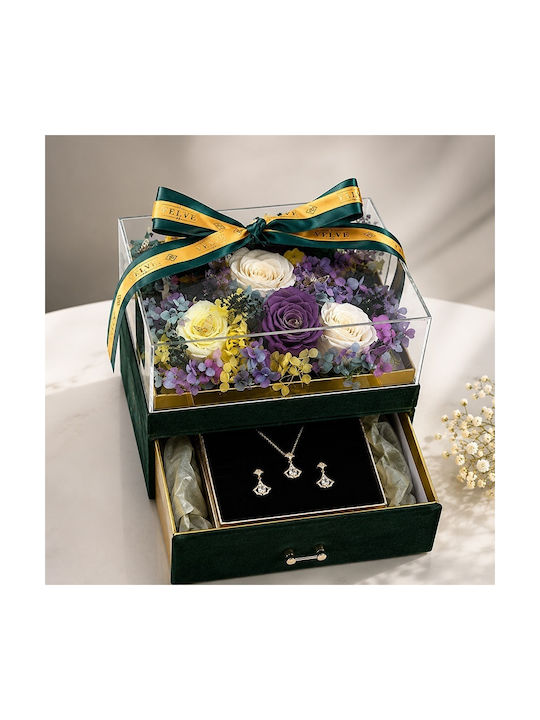 Set De Lux Premium 11 Trandafiri Criogenați Set De Bijuterii Cu Zirconiu În Cutie Pătrată Verde Din Catifea Sertar Plexiglas