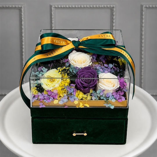 Premium Luxury Set 11 Cryogenated Roses Louis Varel Vibes 100 Ml Perfume Ferrero Rocher Pralines In A Green Velvet Square Box Drawer Plexiglass