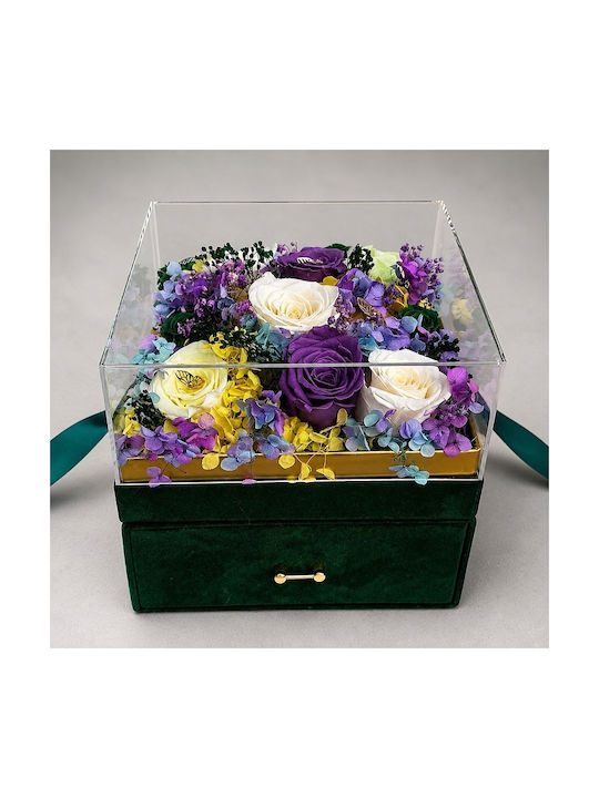 Set Premium De Lux 11 Trandafiri Criogenați Louis Varel Vibes Parfum 100 Ml Praline Ferrero Rocher În Cutie Pătrată Verde Din Catifea Sertar Plexiglas