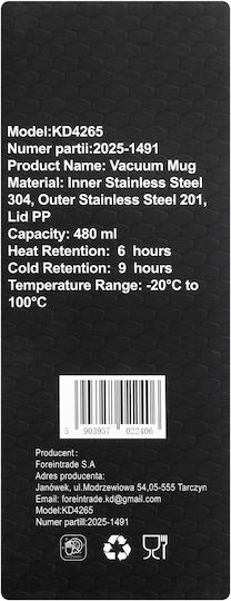 Kraft & Dele Kraft & Dele Thermosflasche Rostfreier Stahl / Kunststoff 480ml Kd4265