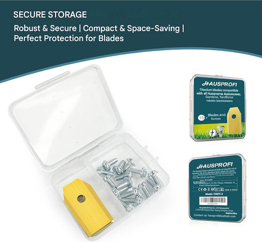Hausprofi Lame de Schimb pentru Robot de Tuns Iarba Set 15 Piese Ultra ascuțite din Titan Compatibile cu Husqvarna Automower Gardena Grosime 0 75 Mm Lame Universale pentru Roboți de Tuns Iarba Include 15 Șuruburi Cutie de Depozitare