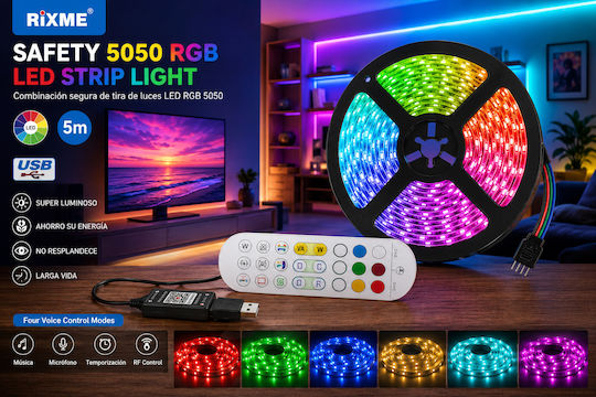 Rixme LED TV Strip USB 5V RGB Light 5m SMD5050 Type with Power Supply & Remote Control