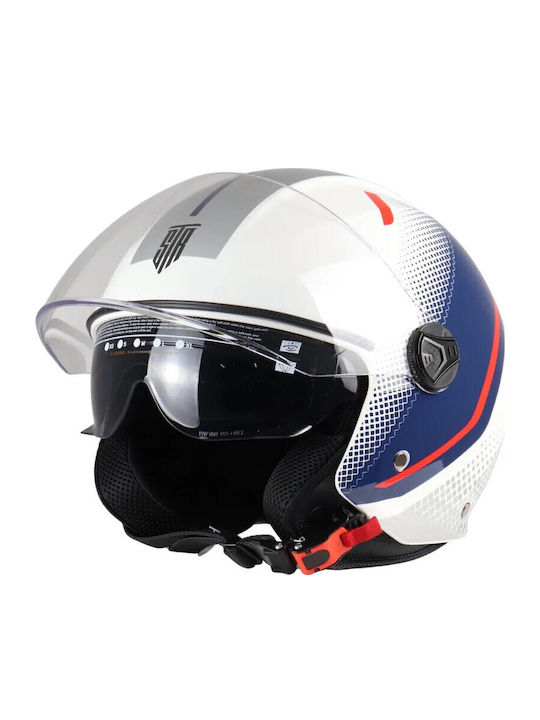 STR GP1 White/Blue/Red Motorcycle Helmet Jet ECE 22.06 with Sun Visor