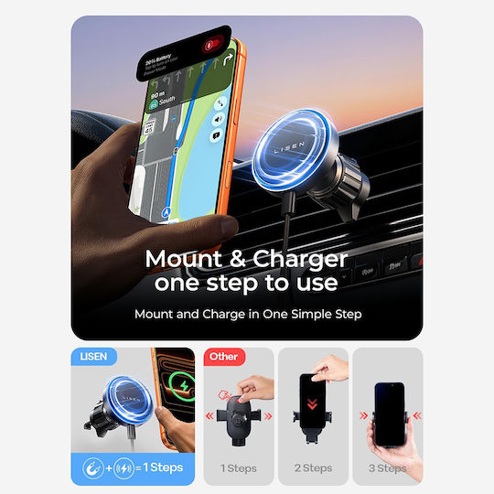 Lisen Car Mobile Mount with Magnet & Wireless Charging 15W Black