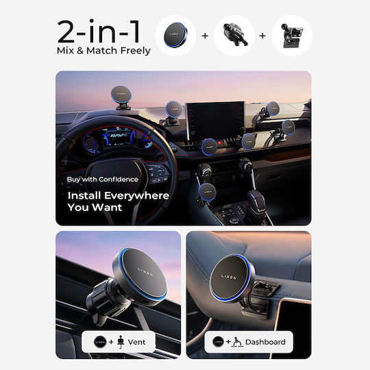 Lisen Car Mobile Mount with Magnet & Wireless Charging 15W Black