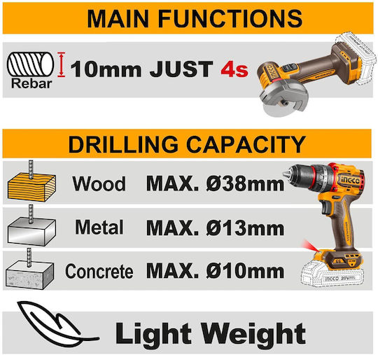 Ingco CKLI20255E Set Roată Unghiulară & Mașină de Găurit Brushless 20V cu 2 Baterii 2Ah
