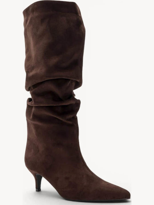 Brown Suede Boots Ruched Design Pointed Toe