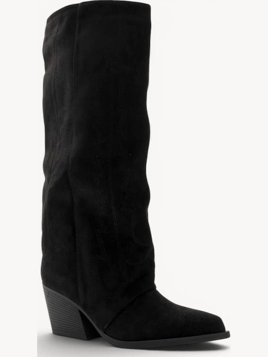 Black Cowboy Suede Boots Embroidered Seams