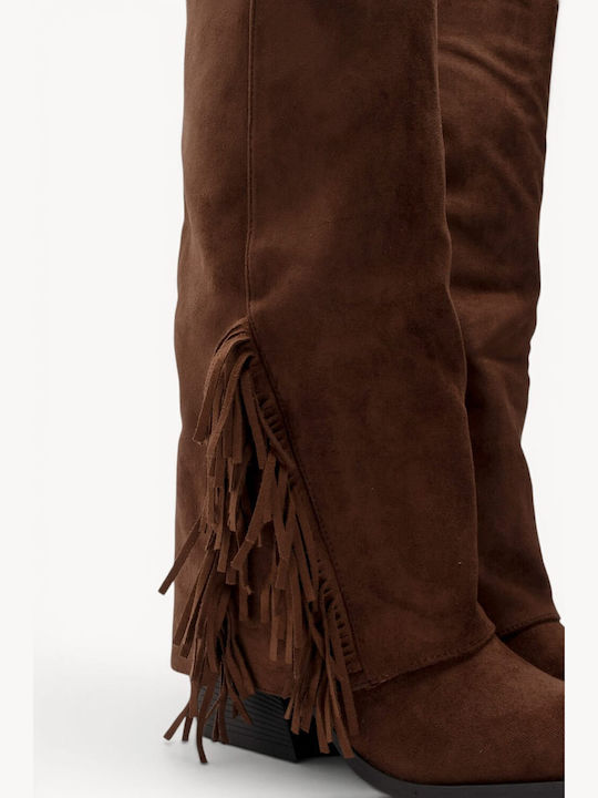 Brown Cowboy Suede Boots Fringes High Heel