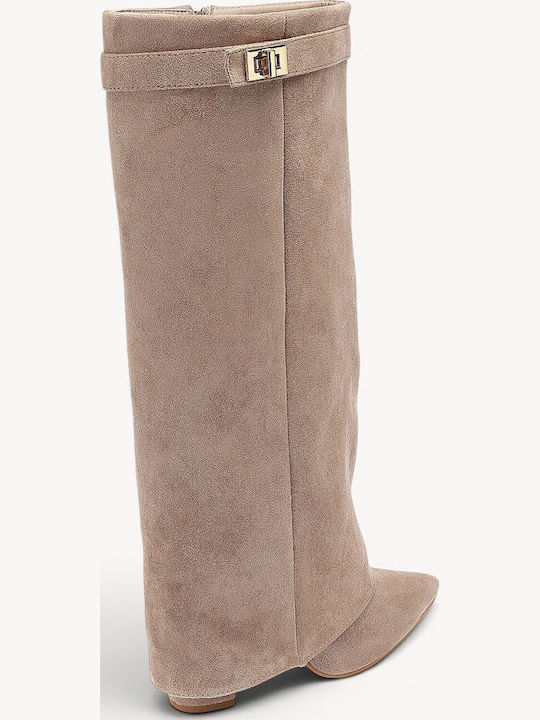 Beige Pointed Boots Suede Decorative Buckle