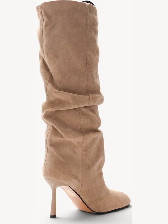 Бежови ботуши Шнуровка Кръгъл връх и Stiletto ток