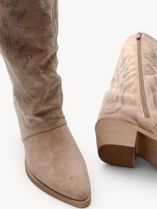 Beige Western Boots Suede Strass Low Heel