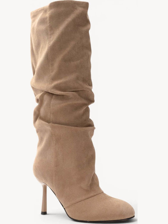 Бежови ботуши Шнуровка Кръгъл връх и Stiletto ток