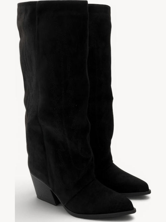 Black Cowboy Suede Boots Embroidered Seams
