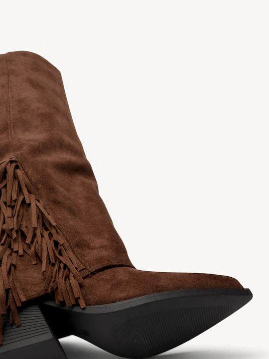 Brown Cowboy Suede Boots Fringes High Heel