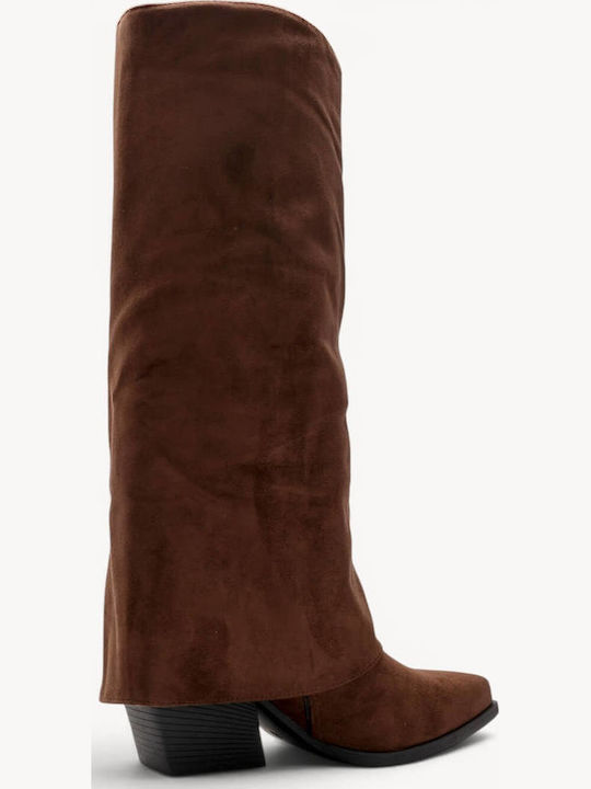 Brown Cowboy Suede Boots Fringes High Heel