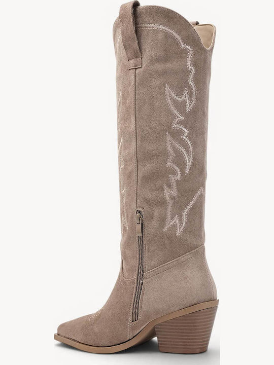 Beige Women's Cowboy Boots Side Zipper