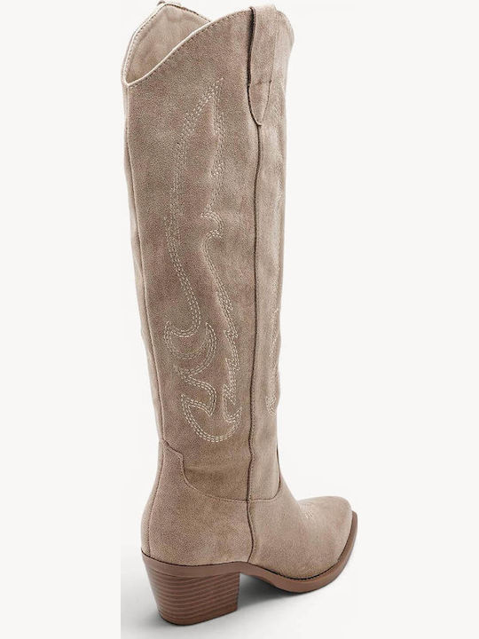 Beige Western Boots Suede Decorative Stitching