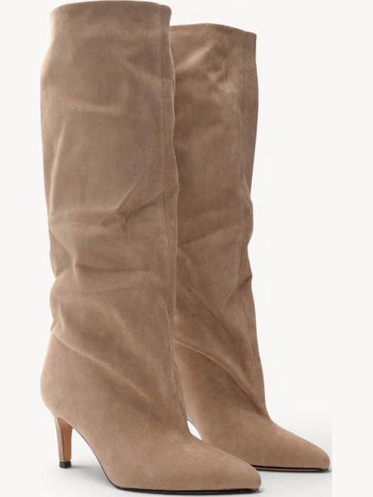 Beige Kitten Heel Boots Suede Pointed Toe