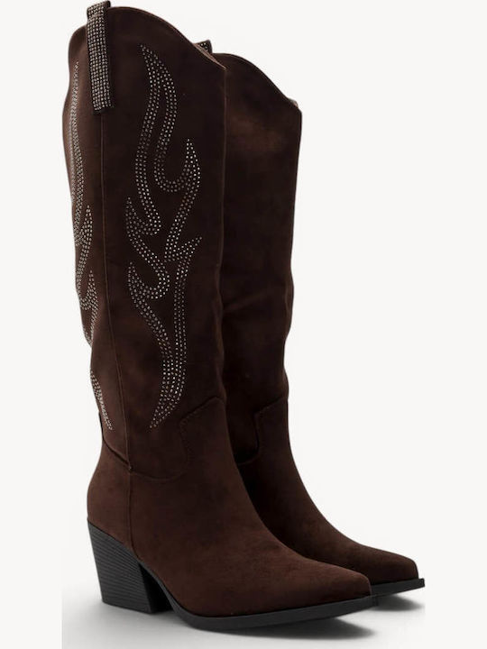 Brown Western Boots with Rhinestones Slanted Heel