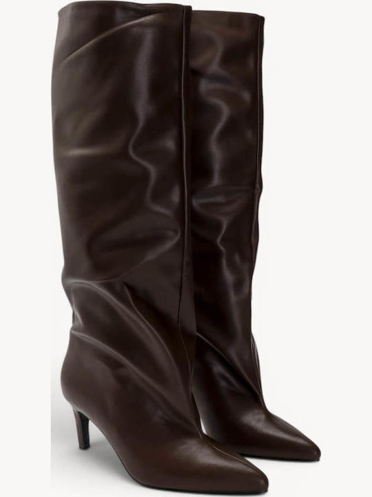 Braune Slouch Damenstiefel Kitten Heel