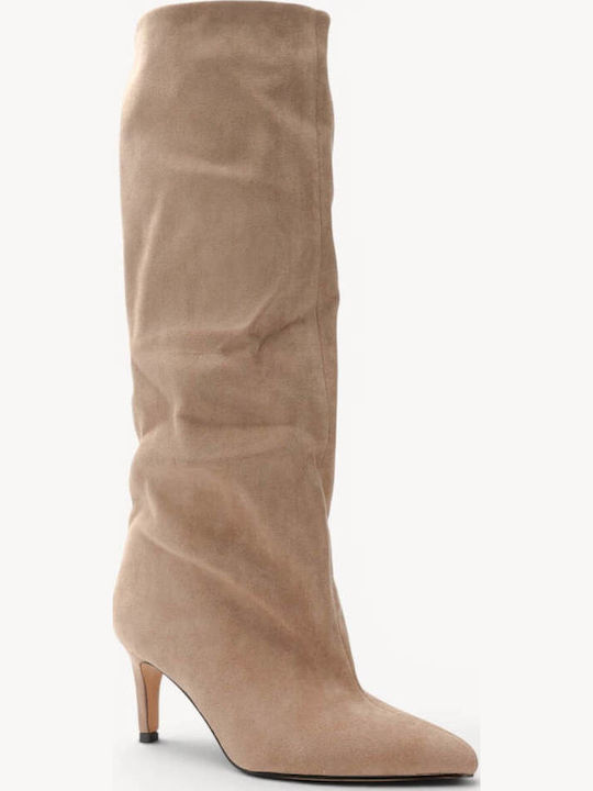 Beige Kitten Heel Boots Suede Pointed Toe