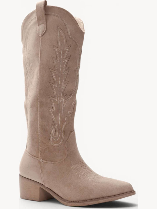 Beige Western Boots Suede Decorative Stitching