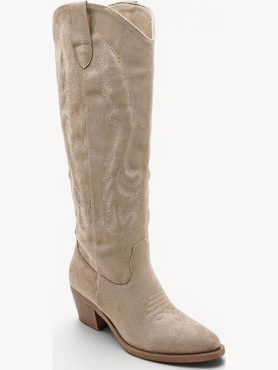 Beige Western Boots Suede Decorative Stitching