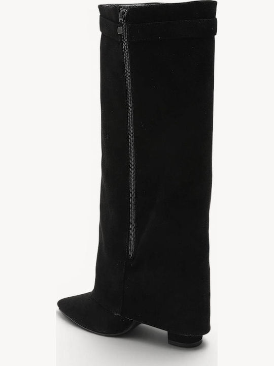Black Pointed Suede Boots Decorative Buckle