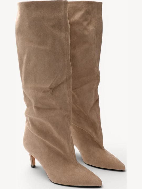 Beige Kitten Heel Boots Suede Pointed Toe