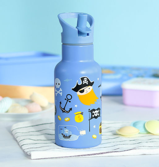 A Little Lovely Company Bento Stainless Steel Kids Water Bottle Set Pirates Thermos with Straw Silver 350ml
