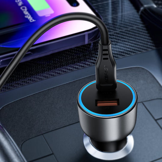 Acefast Автомобилен Зарядно Устройство 75W 3A Бързо Зареждане с Портове 1xUSB 1xType-C с Type-C Кабел Сив Цвят