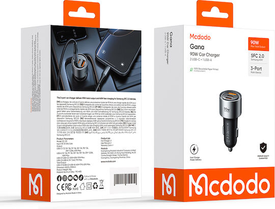 Mcdodo Car Charger 90W 3A with Ports 1xUSB 2xType-C with Type-C Cable Black Colour
