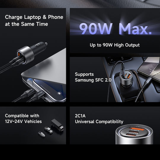 Mcdodo Car Charger 90W 3A with Ports 1xUSB 2xType-C with Type-C Cable Black Colour