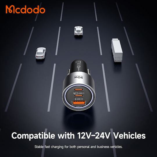 Mcdodo Car Charger 90W 3A with Ports 1xUSB 2xType-C with Type-C Cable Black Colour