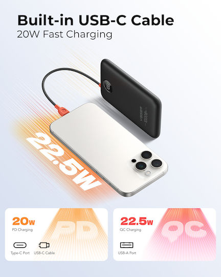 Veger K1C Power Bank 10000mAh 22.5W with USB-A and USB-C Power Delivery Quick Charge Black