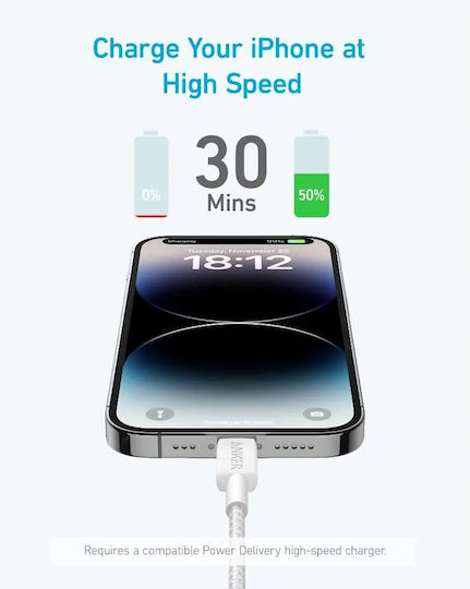 Anker USB-C to Lightning Cable 60W Λευκό 1.8m A81B6H21