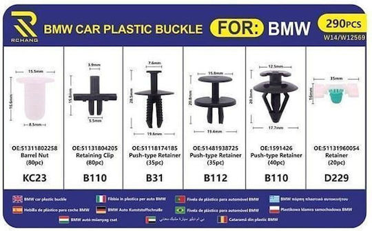 Rchang Car Plastic Clip Set BMW 290pcs 6 Designs W14/w12569 BMW Car Plastic Buckle