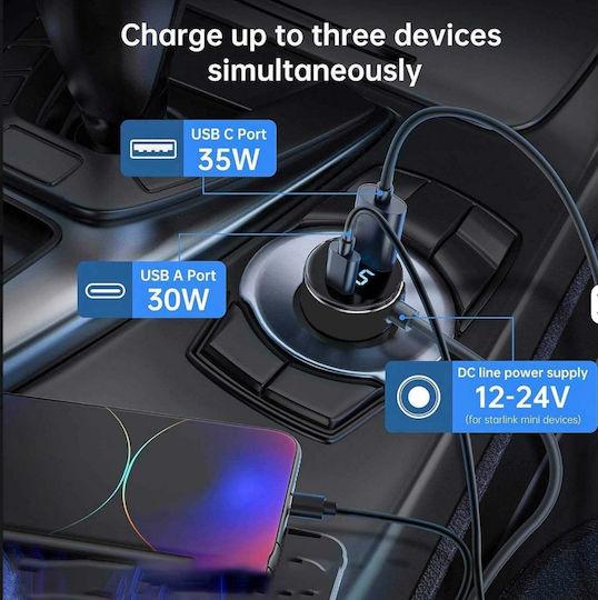 Starlink Mini Car Cigarette Lighter Power Adapter 5m 12v/24v Dc Usb-c Pd 35w Usb-a 30w Digital Voltage Display Cable 2m 12-8710