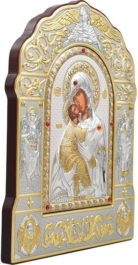Heilige Maria von Wladimir Echte Silber Ikone mit Siebdruck Holz 20 x 25 cm 7,9 x 9,8 in