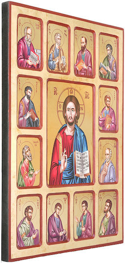 Heiligenikone Jesus Christus 12 Apostel Alte Golddruck Holz 30 X 40 Cm 11.8 X 15.8 In