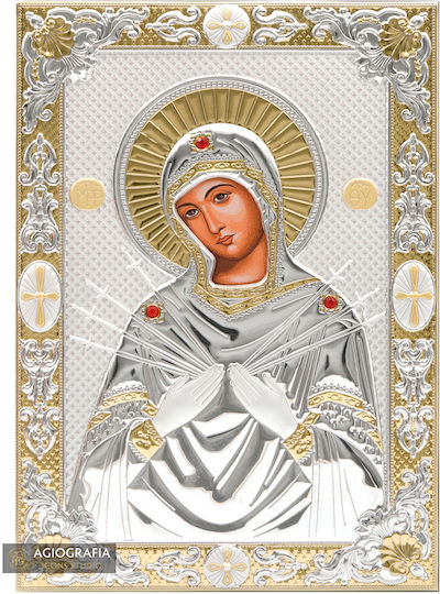 Дева Мария Ептаспати Епъргирена Икона Ситопечат Дърво 13.5 X 17.5 Cm 5.3 X 6.9 In