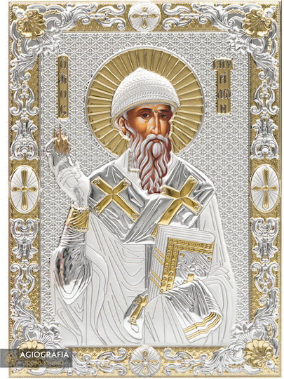 Saint Spyridon Silver-Plated Silk Screen Image Wood 13.5 X 17.5 Cm 5.3 X 6.9 In